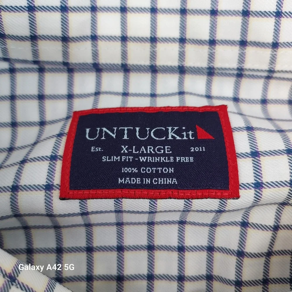 UNTUCKit Fenton-WF‎ Slim Fit Wrinkle Free Cotton Shirt Mens XL White Navy Check